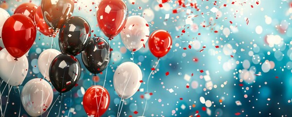 Festive black, white and red balloons and confetti against blue bokeh backdrop. Celebratory banner background for events, parties or special occasions like Father's Day, graduation or grand openings