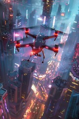Dynamic aerial drone racing in a futuristic cityscape, where technology thrills