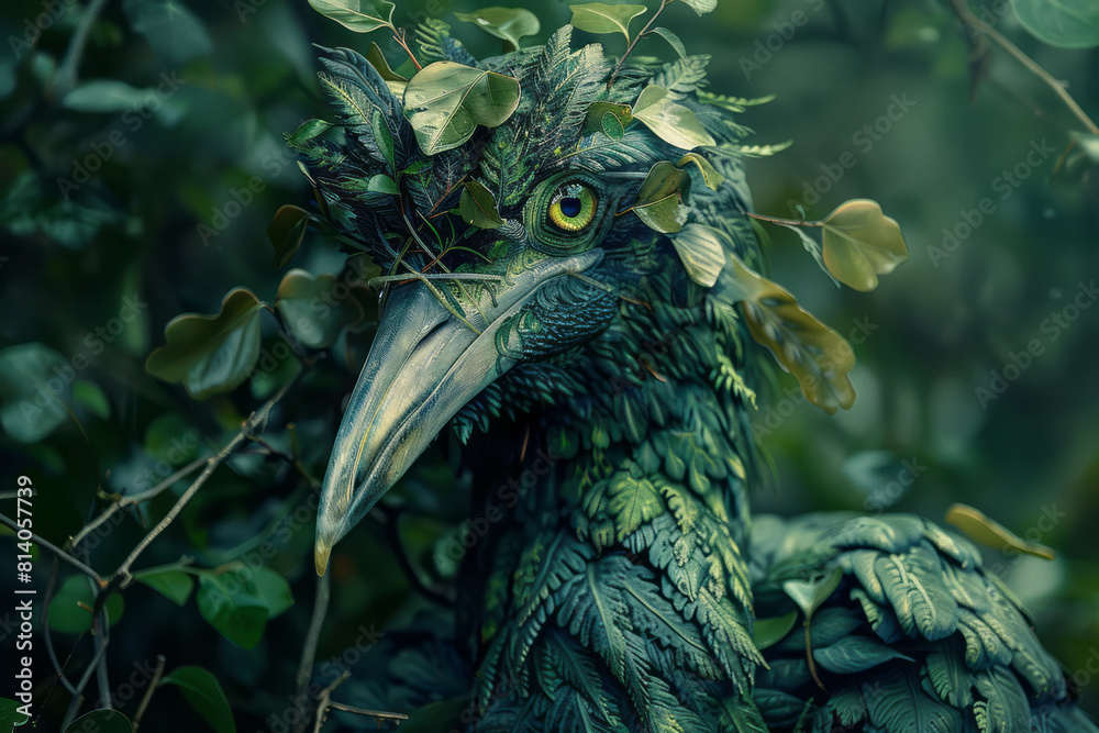 Poster a mythical bird created from leaves and twigs, symbolizing life and growth in the forest,