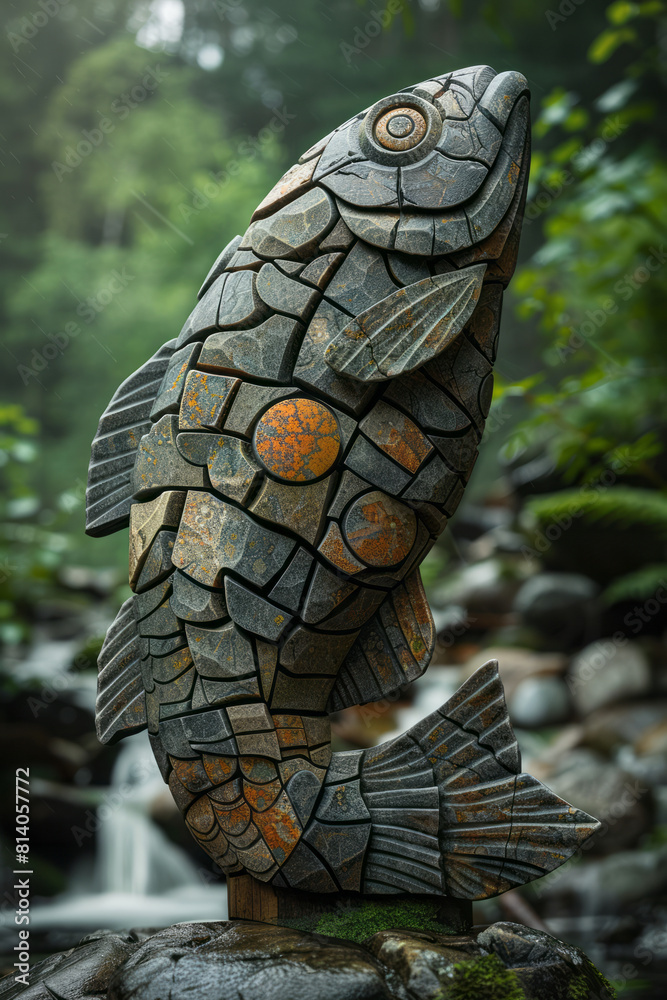 Poster conceptual art of a fish-like being, crafted from river stones and flowing water patterns,
