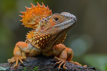 Obraz premium Frilled-neck Lizard: Extending frill while perched on branch, depicting defensive behavior.