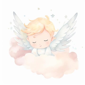 recommend clip art: A watercolor illustration of a baby angel sleeping on a cloud on white background