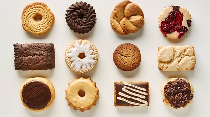 Assortment of biscuits displayed attractively on a white backdrop, evoking the warmth and comfort of homemade treats.