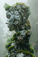 Conceptual depiction of a mountain spirit, its craggy form composed of boulders and living moss,