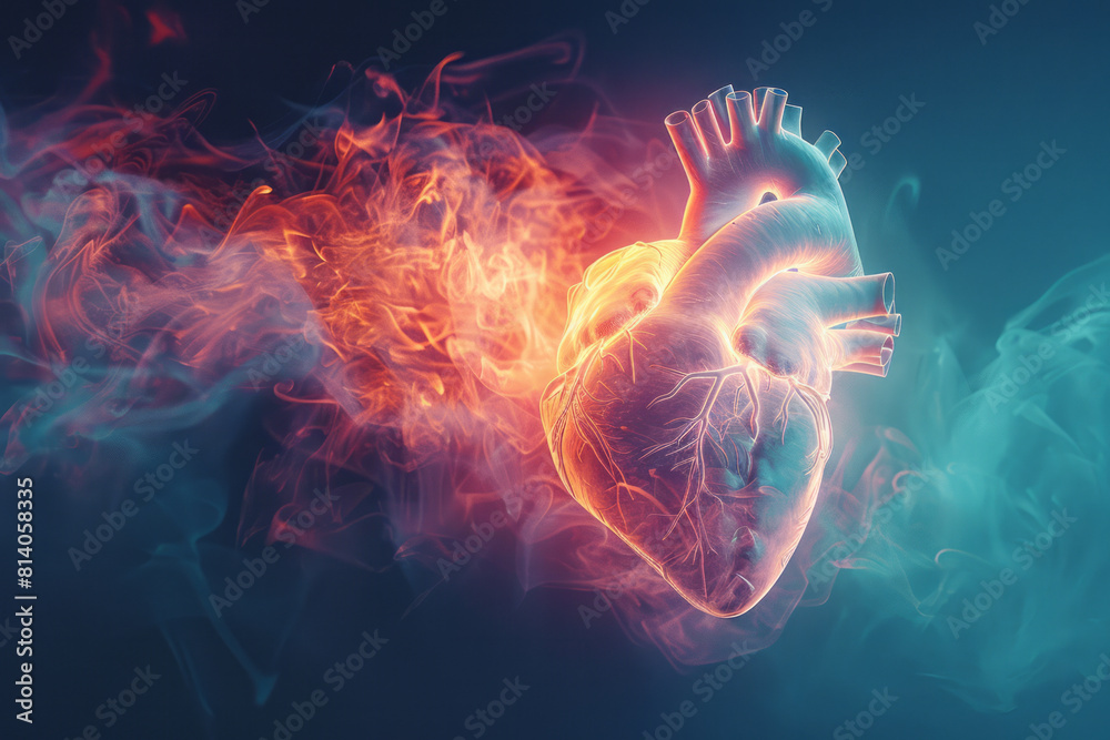 Poster abstract depiction of a heartbeat, rhythmic pulsations visualized through throbbing lines and warm h