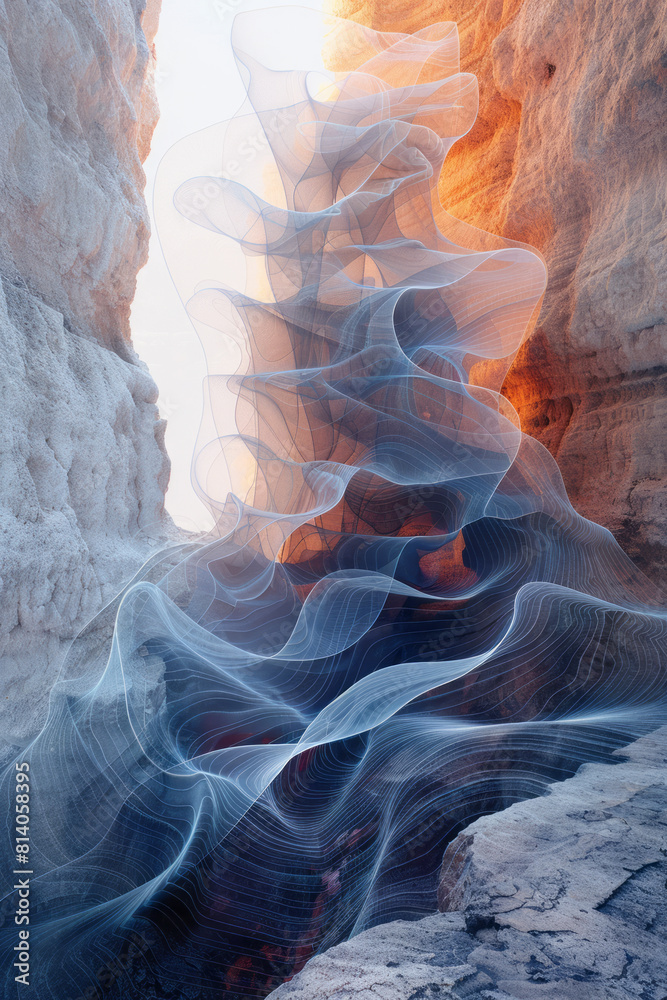 Aufkleber visualization of an echo in a canyon, rippling lines and fading colors illustrating the sound's jour