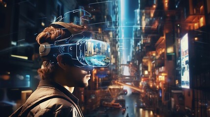 An augmented reality headset overlaying digital information onto the real world environment. - Powered by Adobe