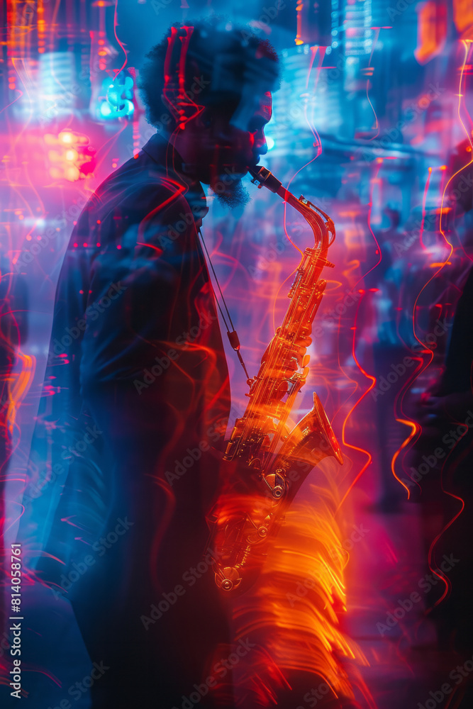 Aufkleber abstract representation of a jazz session, with vibrant splashes of neon colors blending smoothly to