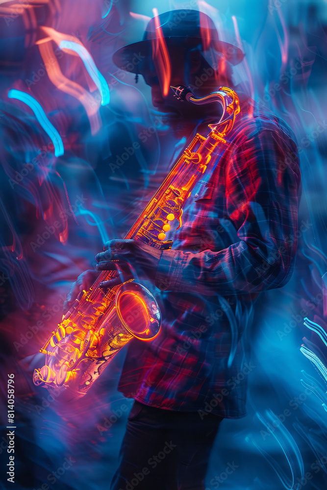 Poster Abstract representation of a jazz session, with vibrant splashes of neon colors blending smoothly to capture the improvisational nature of the genre,
