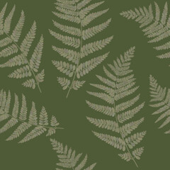 Seamless botanical vintage pattern on green background for design of fabrics, paper, packaging, textiles in hand drawn cartoon flat style.