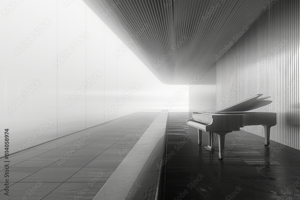 Poster Visualization of a piano sonata, with black and white keys transforming into a gradient of grays and silvers,