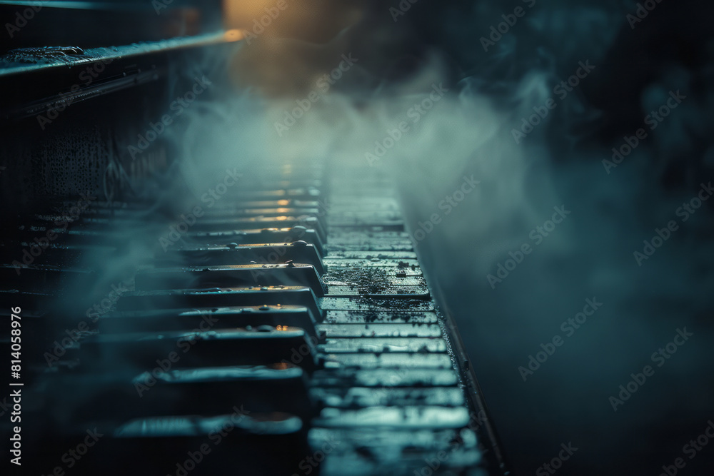 Poster visualization of a piano sonata, with black and white keys transforming into a gradient of grays and