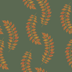 Flat graphic ears of wheat on a delicate green wallpaper background. Provence style seamless floral pattern.