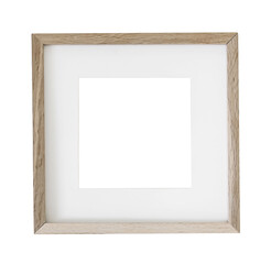 Fototapeta premium Thin square wooden picture frame, poster mockup isolated on background. Artistic display object, template.