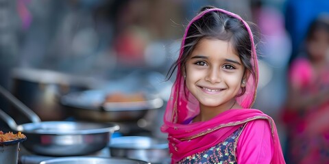 Indian Girl Volunteering at a Langar on Baisakhi: Embracing the Spirit of Mutual Aid. Concept Cultural Celebration, Volunteerism, Community Service, Indian Traditions, Baisakhi Festival