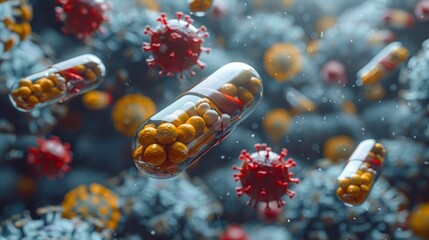 Medicine capsule suspended in mid-air with various viruses encircling it. The scene symbolizes the struggle between medicine and disease. Set against a clean, uncluttered background.