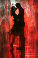 Abstract portrayal of a tango dance, with passionate reds dipping into dramatic blacks,