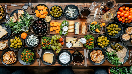 Top view of wine, different types of cheese, olives and crackers on wooden table