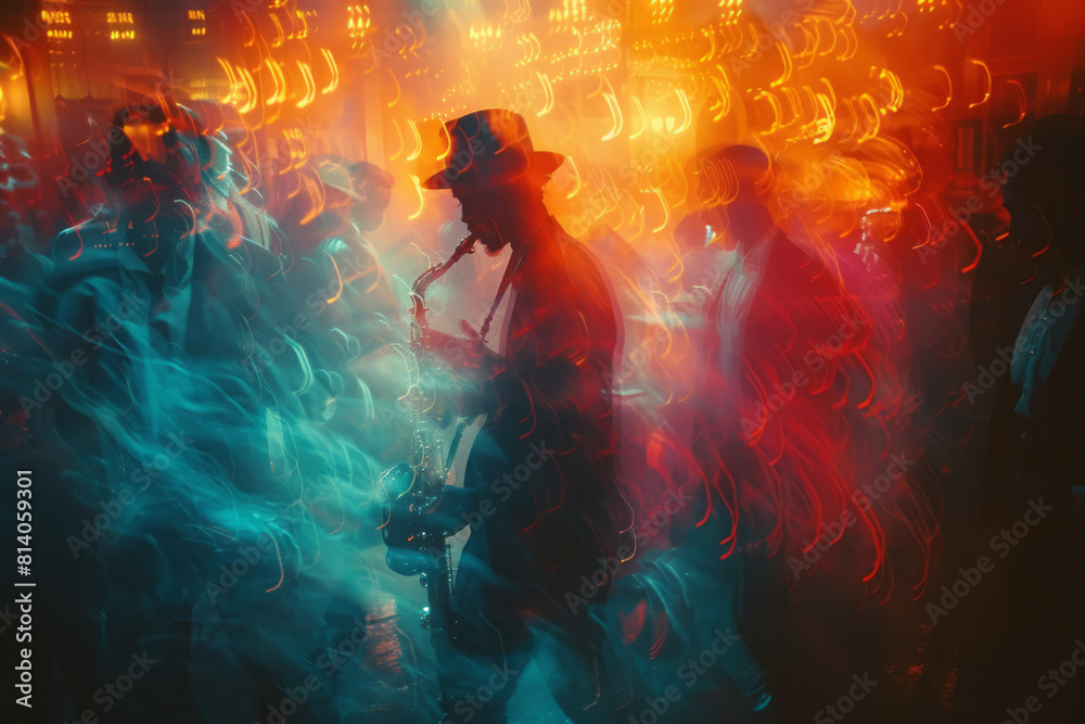 Poster visualization of a night of jazz, with cool blues and purples blending into smooth gradients