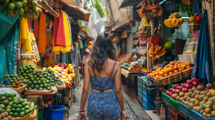 Obraz premium woman exploring a vibrant, bustling street market filled with exotic fruits and colorful textiles