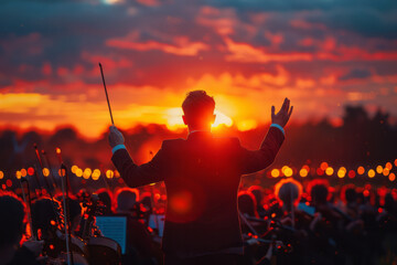 Gradient of sunset colors, with abstract silhouettes of conductors hands guiding the musics flow,
