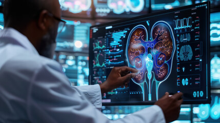 Doctor examines a 3D kidney model, reviews test results on a virtual screen, and analyzes data. Advances in technology are transforming kidney care.