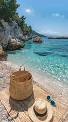 Simple picnic basket, on a thin mat laid out on the beach, featuring hat and sunglasses arranged neatly. Scene with natural lighting. Clear blue sea. Travel, vacation, seaside.