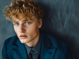A young man with curly hair leaning against a wall.