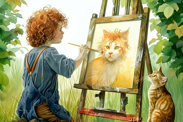 A young artist, a boy with curly red hair, draws a portrait of his red cat. Watercolor illustration on a white background.