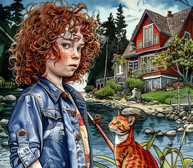 A cartoon scene with a boy with red curly hair and a red cat in front of a house on the shore of a small lake. Illustration for children.