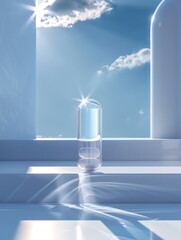 The clear medicine bottle in shape of a pill in a modern setup, dreamy and crystal clear, light blue sky background, contemporary glass, white clouds.