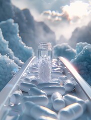 A clear medicine bottle filled with white pills stands amidst majestic mountains under a light blue sky, capturing a contemporary and serene scene. Cure for illness. Revolutionary science. Hospital.