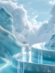 A transparent water bottle sits elegantly on a pedestal, embraced by the refreshing mountain air and surrounded by ice and snow. Pure hydration in a serene natural setting. Cleanliness, freshness.