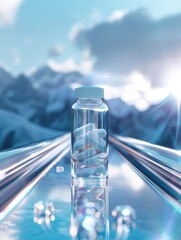 Clear medicine bottle with white pills inside, surrounded by mountains, light blue sky in background, contemporary. Hospital and health care. Medication. Revolutionary technology. Cure for illness.