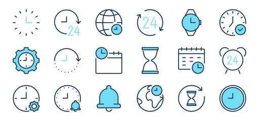 Clock and time color blue line icons set. Timing, timer, alarm, watch, hour sign or symbol. Isolated on a white background. Pixel perfect. Editable stroke. 64x64.