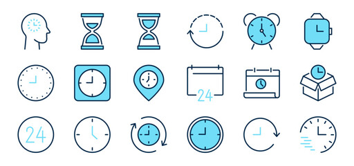 Clock and time color blue line icons set 2. Timing, timer, alarm, watch, hour sign or symbol. Isolated on a white background. Pixel perfect. Editable stroke. 64x64.