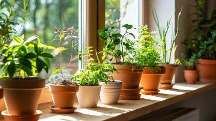 Potted plants line the windowsill, bringing life and color to the room.