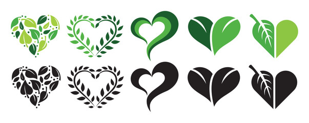 set of green leaves icons in heart shape, isolated vector illustration on white background, green and black logos, design elements for eco,bio,vegan,natural themes