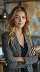 Beautiful young business woman looking ahead, in modern workspace, blond wavy hair. Manager, CEO. Grey suit.