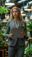 Beautiful young business woman looking ahead, using tablet, in modern workspace, blond wavy hair. Confidence and success.