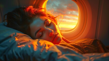 Girl sleeping in the cabin of an airplane, next to the window. The view is beautiful, sunrise. The colors are golden, red. 
