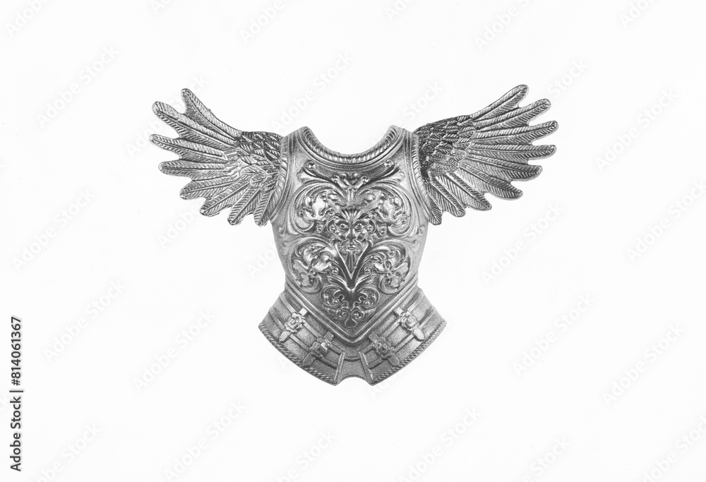 Sticker iron shield with wings isolated on white background