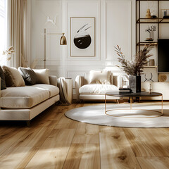 Stylish and Modern Living Room Interior Design Featuring Oak-Shade Vinyl Flooring