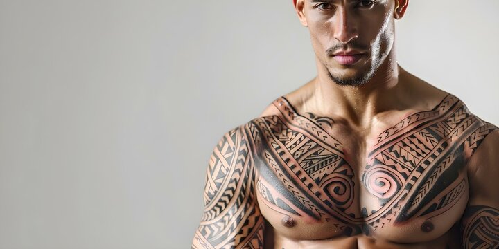 Man with Polynesian style tattoo showcasing muscular athletic body with intricate designs. Concept Polynesian Tattoo, Muscular Body, Intricate Designs, Athletic, Showcase