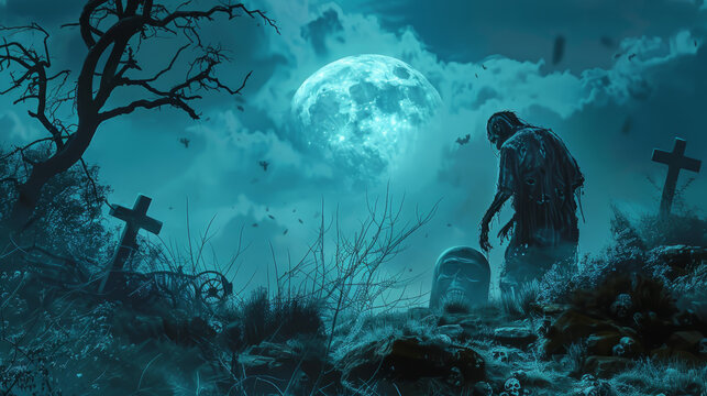 In the eerie moonlight, a zombie rises from its grave during a haunting Halloween night.