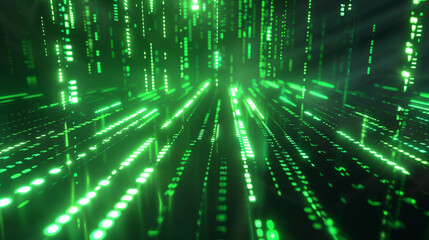 Cybernetic dreamscape, neon green codes cascading down a black gradient