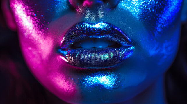 Metallic silver lips with blue and purple neon lights. Trendy woman wearing glow-in-the-dark makeup. Colorful metal and glitter makeup.