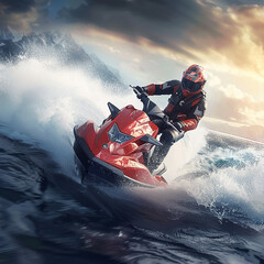 A man is riding a red water ski on a choppy sea