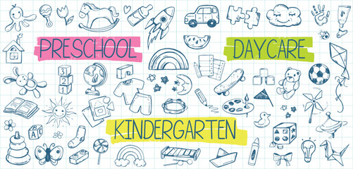 Kindergarten doodle icons on checkered paper background. Preschool daycare set. Kids education line art, school items. Children hand drawn toys and animals on sheet of notebook. Baby seamless pattern.