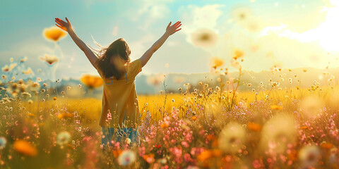 A girl is standing in a field of flowers, with her arms raised in the air